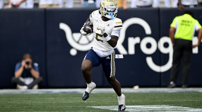 Georgia Tech wide receiver Eric Singleton Jr. (2) runs with a ball during the second half of an NCAA college football game at Georgia Tech's Bobby Dodd Stadium, Saturday, November 9, 2024, in Atlanta. Georgia Tech won 28-23 over Miami. (Hyosub Shin / AJC)