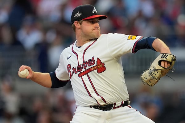 Atlanta Braves pitcher Bryce Elder (55) works against the Los Angeles Dodgers in the fourth inning of a baseball game, Sunday, May 4, 2025, in Atlanta. (AP Photo/Mike Stewart)