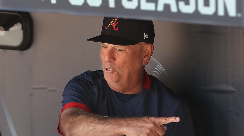 Braves manager Brian Snitker prepares his team to play the Dodgers in Game 3 of the NLCS Tuesday, Oct. 19, 2021, in Los Angeles. (Curtis Compton / Curtis.Compton@ajc.com)