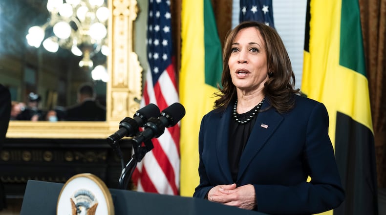 Vice President Kamala Harris speaks following a meeting with Prime Minister of Jamaica Andrew Holness, at the Eisenhower Executive Office Building on the White House complex, in Washington, Wednesday, March 30, 2022. (AP Photo/Manuel Balce Ceneta)
