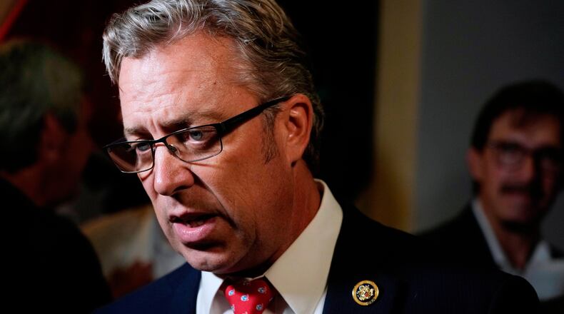 FILE - Rep. Andy Ogles, R-Tenn., speaks to supporters after being declared the winner in his Republican primary race, Aug. 1, 2024, in Franklin, Tenn. (AP Photo/Mark Humphrey, File)