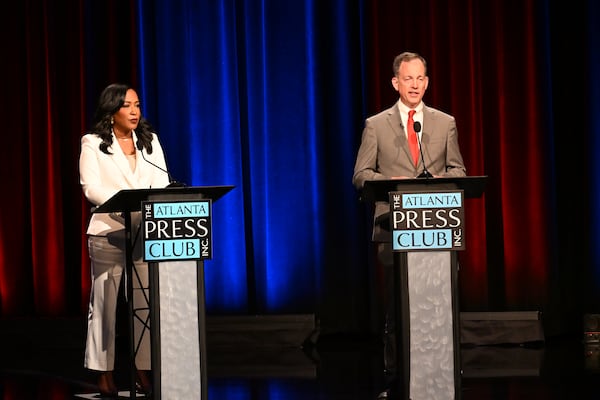 State Rep. Tanya Miller (left) and former state Rep. Robert Trammell are Democratic candidates for attorney general. They participated in an Atlanta Press Club debate on Tuesday. (Courtesy of Atlanta Press Club)