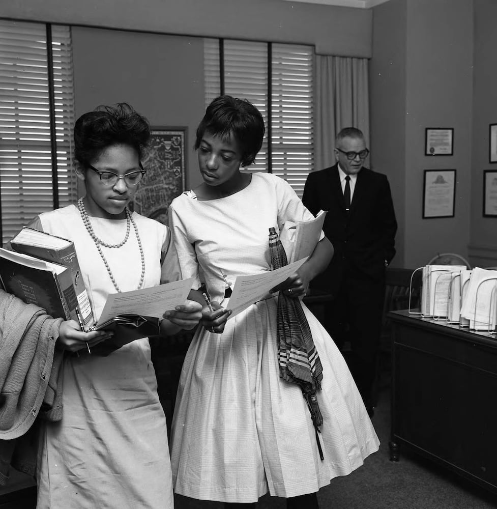 Two young African American women applying for school admission, 1961