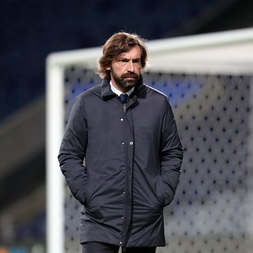 FILE - Juventus' head coach Andrea Pirlo stands on the pitch during warmup before the Champions League round of 16, first leg, soccer match between FC Porto and Juventus in Porto, Portugal, on Feb. 17, 2021. (AP Photo/Luis Vieira, File)