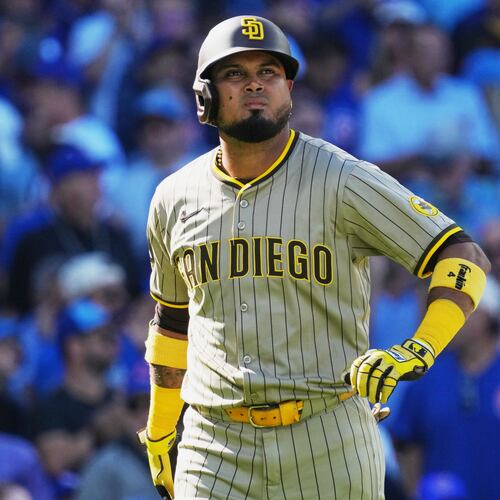 FILE - San Diego Padres' Luis Arraez reacts after striking out during the third inning of Game 1 of a National League wild card baseball game against the Chicago Cubs, Sept. 30, 2025, in Chicago. (AP Photo/Nam Huh, File)