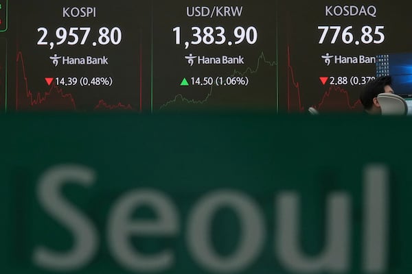The screens showing the Korea Composite Stock Price Index (KOSPI), left, the foreign exchange rate between U.S. dollar and South Korean won and the Korean Securities Dealers Automated Quotations (KOSDAQ) are seen at a dealing room of Hana Bank in Seoul, South Korea, Thursday, June 19, 2025. (AP Photo/Lee Jin-man)