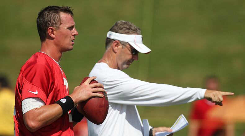 072712 FLOWERY BRANCH: Offensive coordinator Dirk Koetter calls a play with Matt Ryan approaching the line in Flowery Branch on Friday, July 27, 2012. CURTIS COMPTON / CCOMPTON@AJC.COM