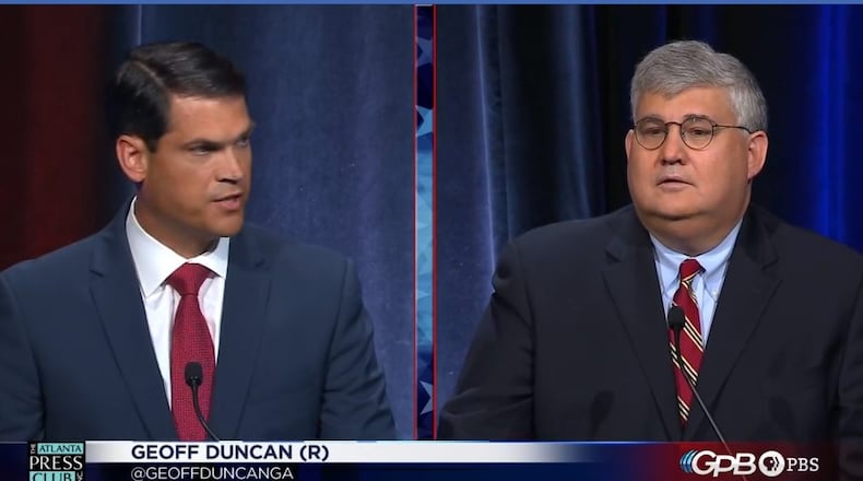 Former state Rep. Geoff Ducnan, left, and state Sen. Savid Shafer appear at a lieutenant governor’s debate hosted by the Atlanta Press Club. Screenshot.