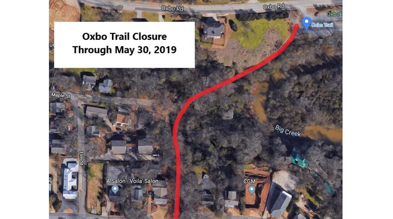 Map depicts the section of the Oxbo Trail in historic Roswell that will be closed into the month of May. CITY OF ROSWELL