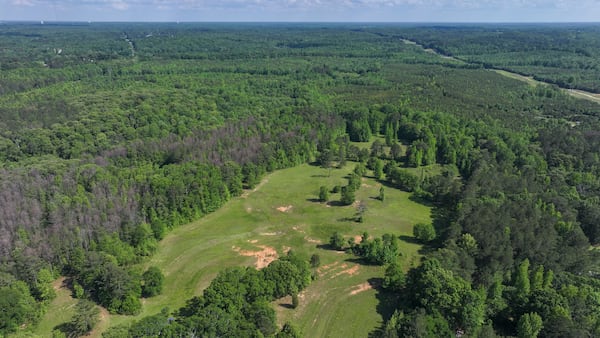 An aerial image illustrates a large wooded area near Newnan, GA, where a proposal has been made for a massive data center covering 4.9 million square feet. (Miguel Martinez/ AJC)