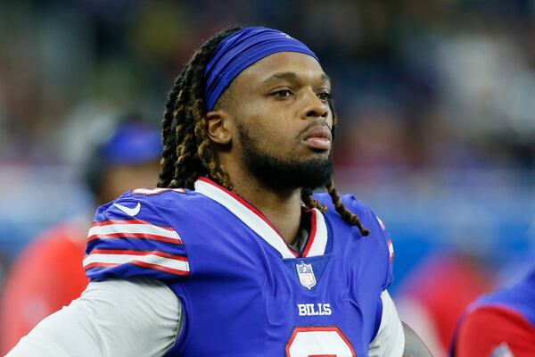 FILE - Buffalo Bills safety Damar Hamlin looks on during the second half of an NFL football game against the Cleveland Browns, Nov. 20, 2022, in Detroit. Hamlin collapsed on the field and appeared to be getting CPR before being driven off the field in an ambulance during an NFL football game against the Cincinnati Bengals, Monday, Jan. 2, 2023. (AP Photo/Duane Burleson, File)