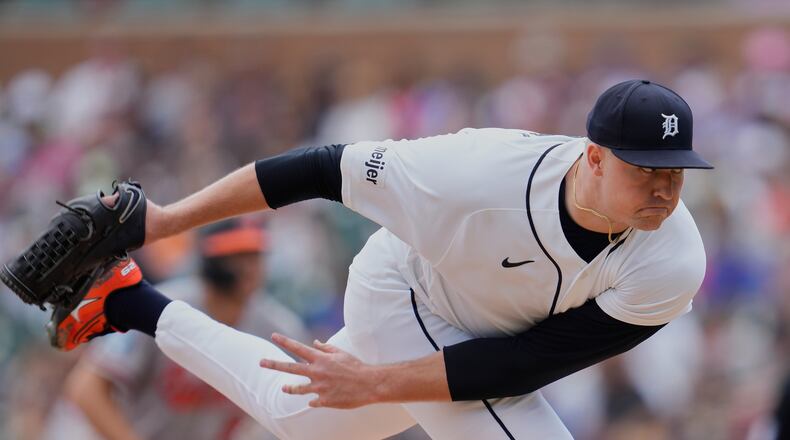 Detroit Tigers pitcher Tarik Skubal throws during the seventh inning of a baseball game against the Baltimore Orioles Wednesday, July 29, 2026, in Detroit. (AP Photo/Paul Sancya)