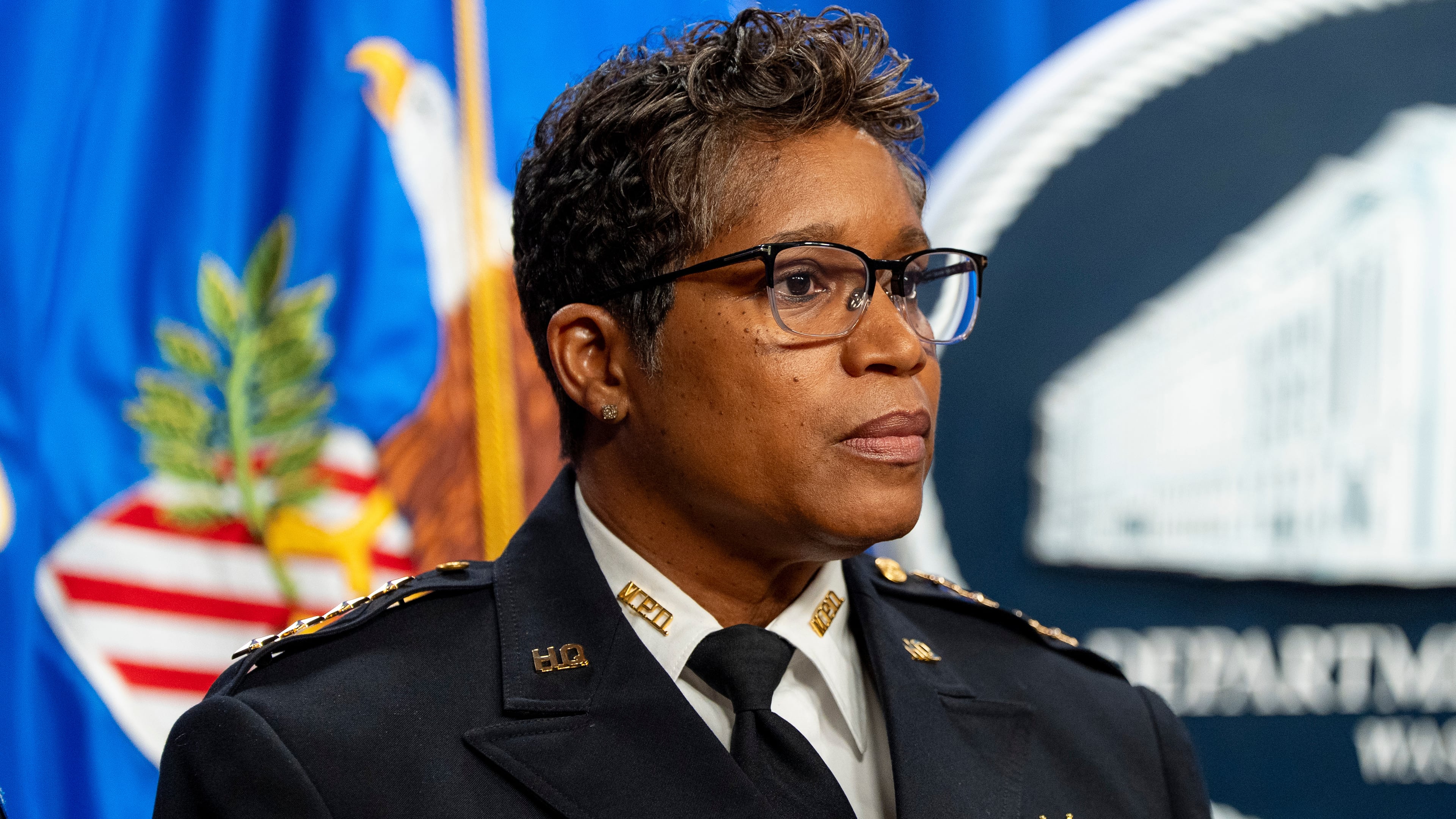 Washington Metropolitan Police Chief Pamela Smith stands during a news conference at the Department of Justice, Thursday, Dec. 4, 2025, in Washington. (AP Photo/Alex Brandon)