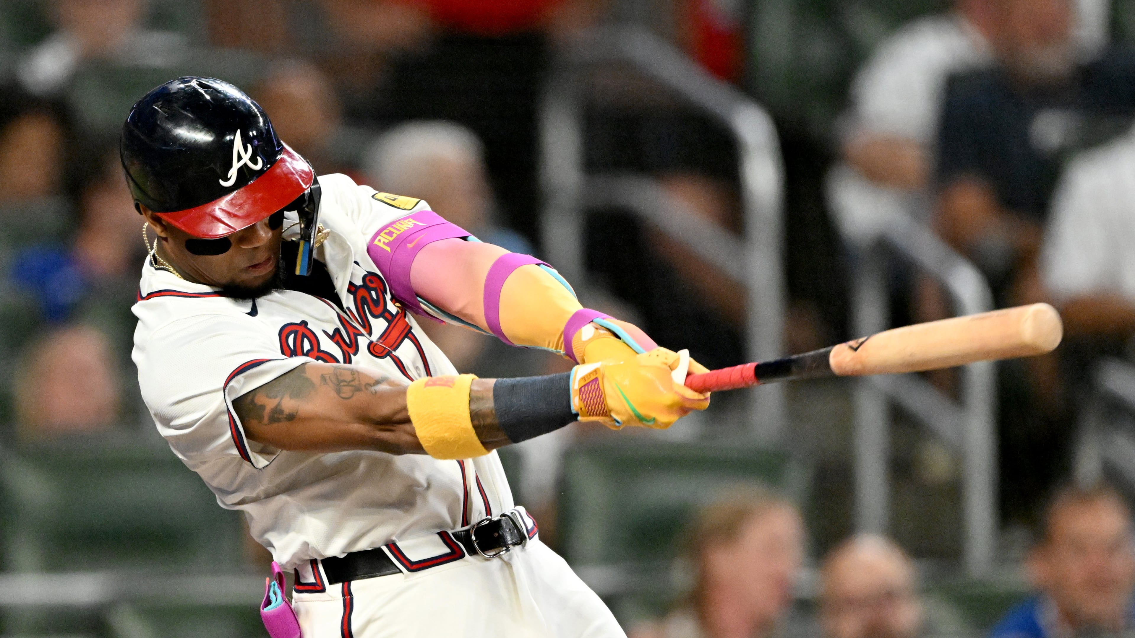 Atlanta Braves outfielder Ronald Acuña Jr. (13) hits a single during the fifth inning of a baseball game at Truist Park, Tuesday, September 9, 2025, in Atlanta. Chicago Cubs won 6-1 over Atlanta Braves. (Hyosub Shin/AJC)