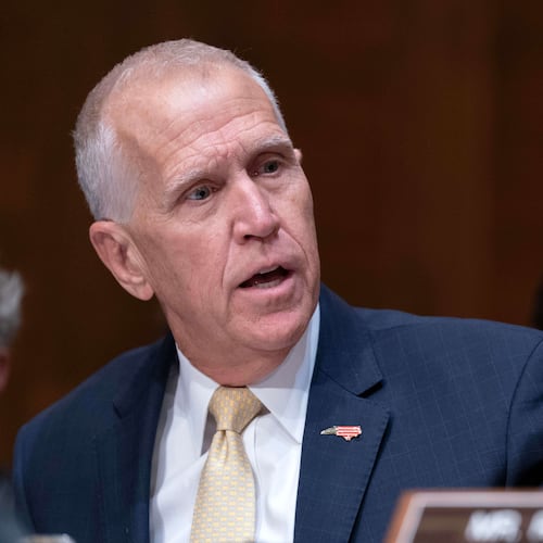 Sen. Thom Tillis, R-N.C., speaks during the confirmation hearing of Kevin Warsh, nominee for Federal Reserve chair, on Capitol Hill, in Washington Tuesday, April 21, 2026. (AP Photo/Jose Luis Magana)