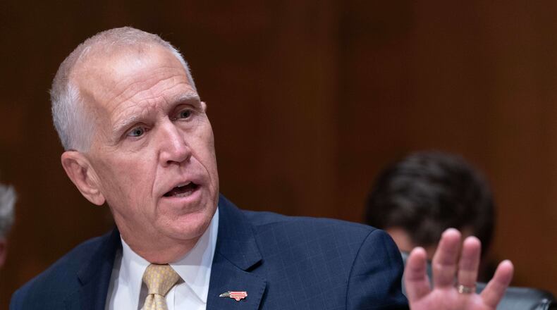 Sen. Thom Tillis, R-N.C., speaks during the confirmation hearing of Kevin Warsh, nominee for Federal Reserve chair, on Capitol Hill, in Washington Tuesday, April 21, 2026. (AP Photo/Jose Luis Magana)