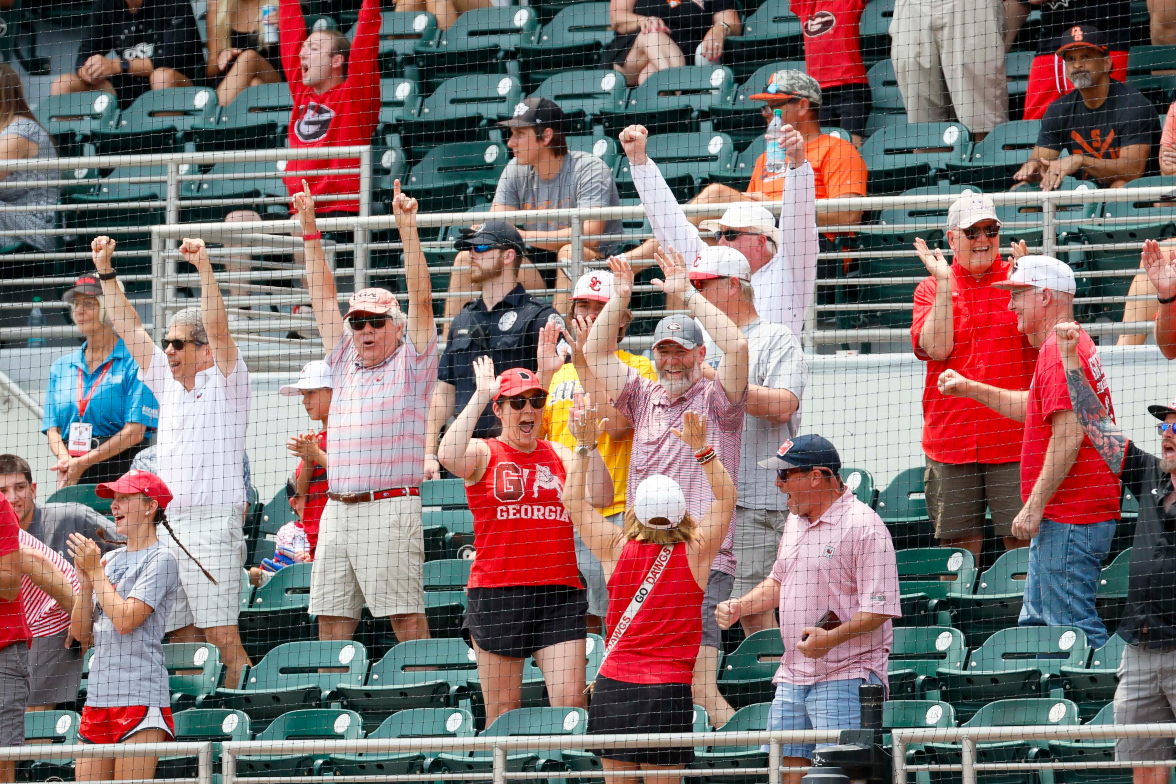 Georgia Bulldogs fans reacts after Georgia infielder Christian Adams (5) hits a two-run home run during the second inning against Oklahoma State in their NCAA Regional game at Foley Field,  Sunday, June 1, 2025, in Athens, Ga.
(Miguel Martinez/ AJC)