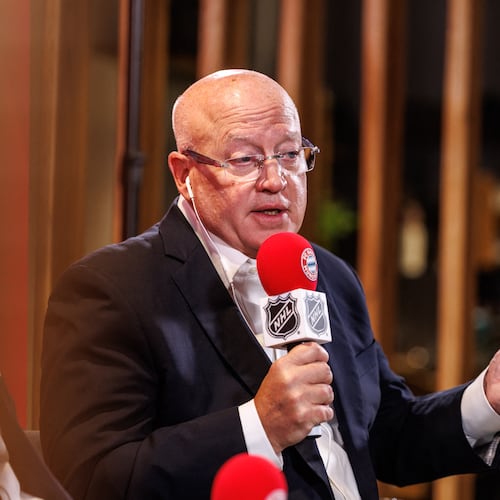 Bill Daly, deputy commissioner of the NHL, speaks during a joint press conference by FC Bayern Munich and the National Hockey League, Thursday, Aug. 20, 2026, in Munich. (Matthias Balk/dpa via AP)