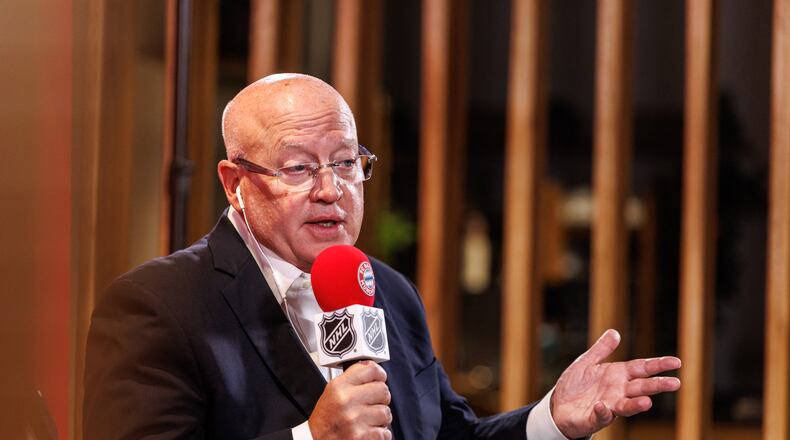 Bill Daly, deputy commissioner of the NHL, speaks during a joint press conference by FC Bayern Munich and the National Hockey League, Thursday, Aug. 20, 2026, in Munich. (Matthias Balk/dpa via AP)