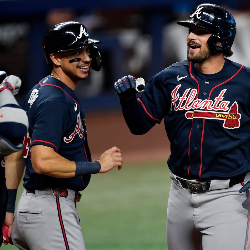 Atlanta Braves' Austin Riley, right, celebrates hitting a home run during the second inning of a baseball game, Wednesday, May 20, 2026, in Miami. (Michael Laughlin/AP)