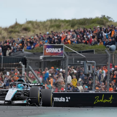 Mercedes driver George Russell of Britain in action during sprint race at the Formula One Dutch Grand Prix in Zandvoort , Netherlands, Saturday, Aug. 22, 2026. (AP Photo/Darko Bandic)