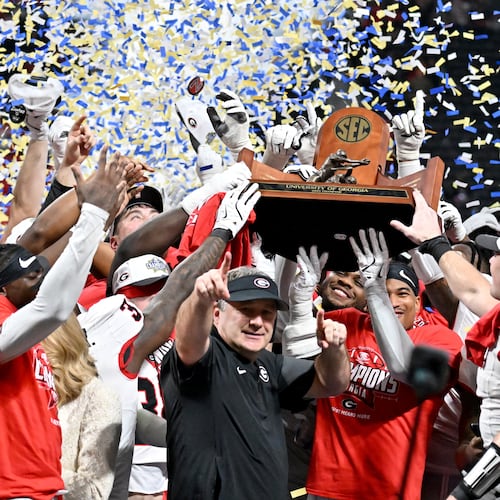 Georgia coach Kirby Smart — pictured celebrating after the Bulldogs won the SEC championship game in December — has had 84 players selected in his 10 years as UGA''s coach. (Hyosub Shin/AJC 2025)