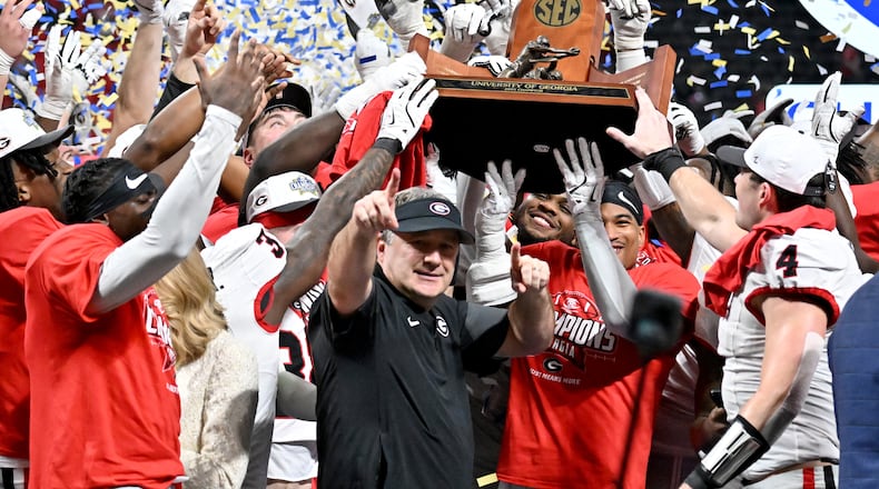 Georgia coach Kirby Smart — pictured celebrating after the Bulldogs won the SEC championship game in December — has had 84 players selected in his 10 years as UGA''s coach. (Hyosub Shin/AJC 2025)