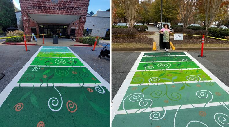 Artist Reinilda Blair recently completed a new mural titled "Green Harmony: Where Nature and Community Meet" in the crosswalk at the Alpharetta Community Center. (Courtesy City of Alpharetta)