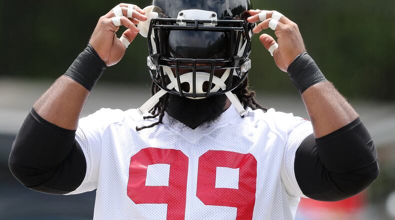 Atlanta Falcons defensive tackle Terrell McClain gears up to begin organized team activities on Tuesday, May 22, 2018, in Flowery Branch.   Curtis Compton/ccompton@ajc.com