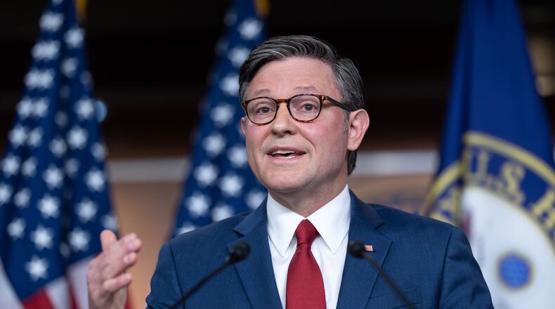 Speaker of the House Mike Johnson, R-La., makes a statement to reporters following a vote in the Senate to move forward with a stopgap funding bill to reopen the government through Jan. 30, at the Capitol in Washington, Monday, Nov. 10, 2025. (AP Photo/J. Scott Applewhite)