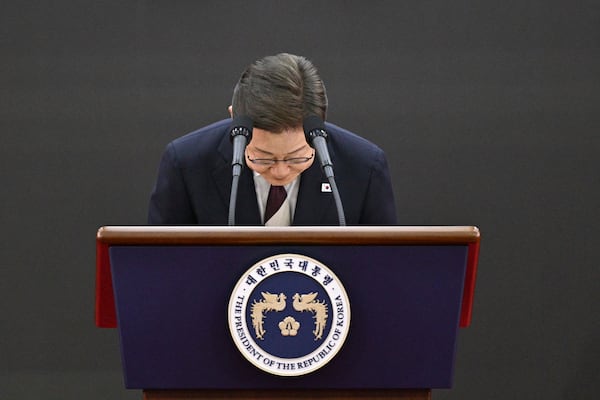 South Korea's President Lee Jae-myung bows as he delivers a speech after taking his oath during his inauguration ceremony at the National Assembly in Seoul on June 4, 2025. (Anthony Wallace/Pool Photo via AP)