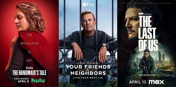 This combination of images shows promotional art for "The Handmaid's Tale" from left, "Your Friends & Neighbors and "The Last of Us." (Hulu/Apple TV+/Max via AP)