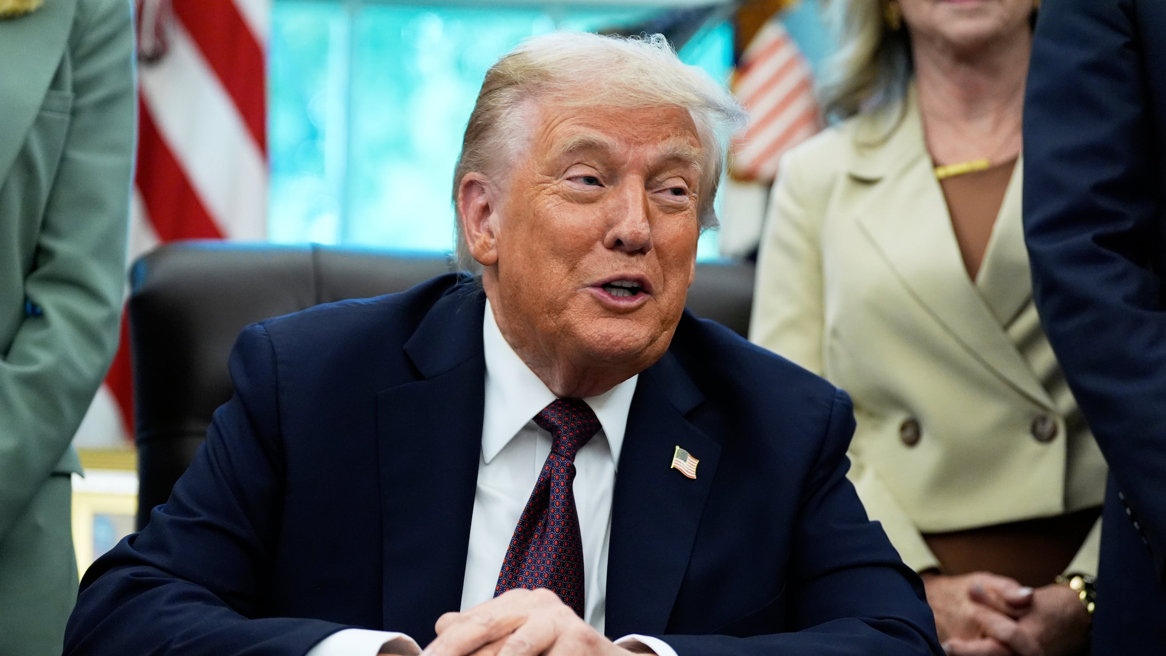 President Donald Trump speaks in the Oval Office of the White House, Monday, Sept. 15, 2025, in Washington. (AP Photo/Alex Brandon)
