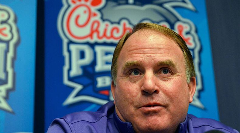 TCU head football coach Gary Patterson talks about the Big 12 and his matchup against the SEC's Ole Miss for the New Year's Eve Chick-fil-A Peach Bowl game during a media briefing on Friday, Dec. 26, 2014, in Atlanta.