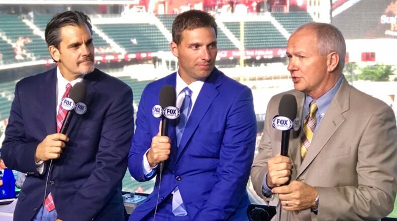Chip Caray (left) calls play-by-play of Braves games on Fox Sports South and Fox Sports Southeast, while Jeff Francoeur (center) is the lead analyst. Joe Simpson (right) serves as analyst on a limited number of telecasts while working primarily on radio.