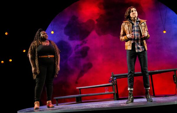 Theatrical Outfit’s staging of the time-tripping love story “Bright Half Life,” co-starring Candy McLellan (left) and Park Krausen, continues through Feb. 27.
Courtesy of Casey Ford Photography