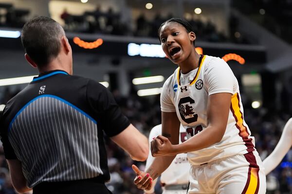 South Carolina forward Sania Feagin challenges an official during the first half against Duke in the Elite Eight of the NCAA college basketball tournament, Sunday, March 30, 2025. in Birmingham, Ala. (AP Photo/Gerald Herbert)
