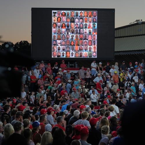 A image is seen on a screen as President Donald Trump speaks during a rally at Gastonia Municipal Airport, Wednesday, Sept. 16, 2026, in Gastonia, N.C. (AP Photo/Alex Brandon)