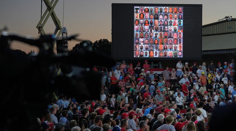 A image is seen on a screen as President Donald Trump speaks during a rally at Gastonia Municipal Airport, Wednesday, Sept. 16, 2026, in Gastonia, N.C. (AP Photo/Alex Brandon)