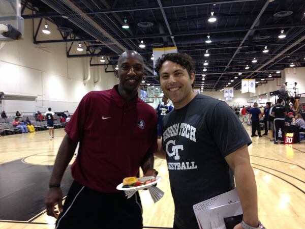 Florida State assistant coach Charlton Young (left) and Georgia Tech coach Josh Pastner at the Cashman Center in Las Vegas July 27, 2017. The two are friendly rivals in the recruitment of prospects particularly out of the metro Atlanta area, which Young (a former Tech assistant) recruits for the Seminoles.