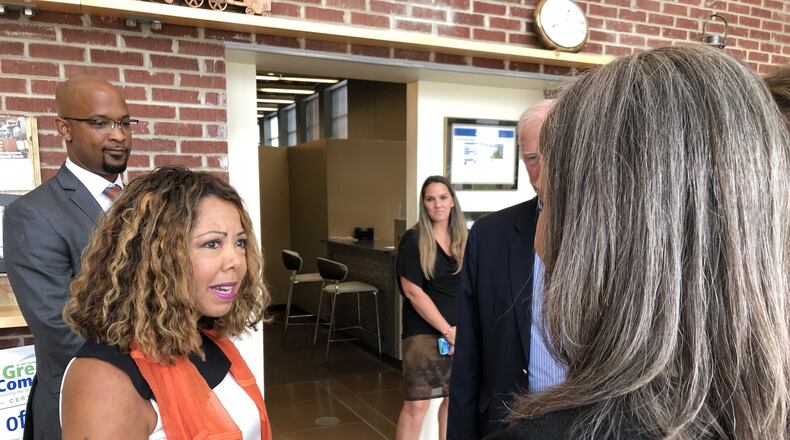 Rep. Lucy McBath from Marietta, talks to onlookers after a press conference, where she discussed a proposal to give Atlanta’s Centers for Disease Control and Prevention $50 million for research into gun injuries and deaths.