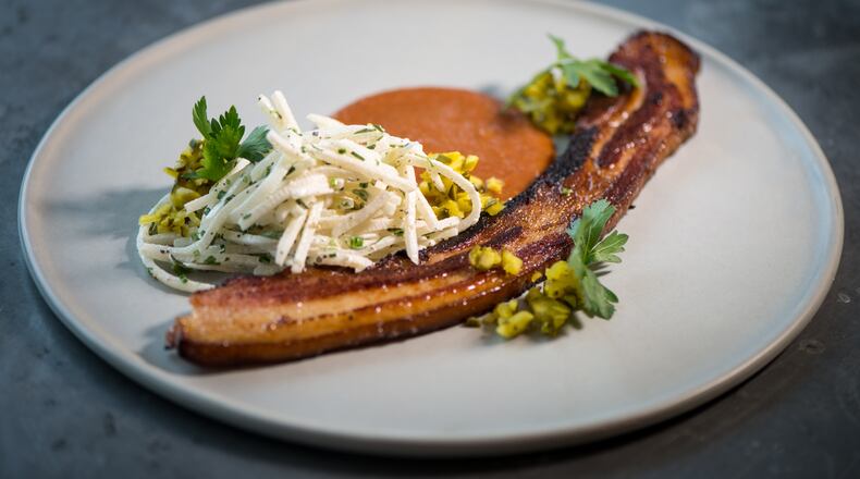 C. Ellet's Steak House Benton's Bacon with Kohlrabi Slaw and Aunt Julia's BBQ. Photo credit- Mia Yakel.