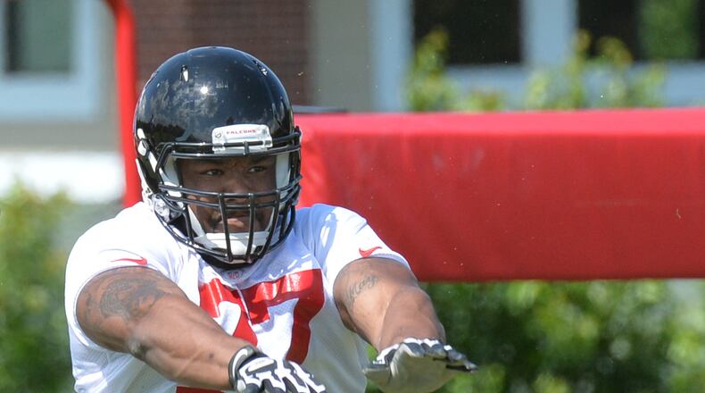 Atlanta Falcons rookie defensive end Ra'Shede Hageman #77 participates in the first day of Minicamp for rookies on Friday, May 16, 2014. HYOSUB SHIN / HSHIN@AJC.COM