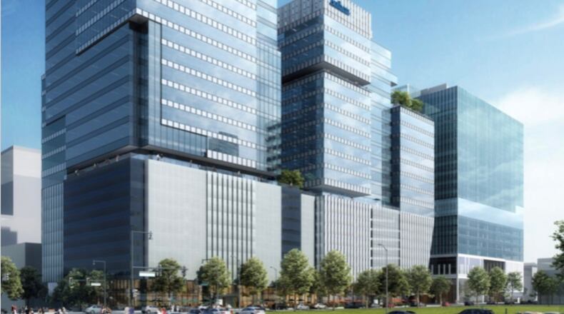 This rendering shows Portman Holdings’ planned 712 West Peachtree Street tower, left, next to its sibling building 740 West Peachtree and the Coda tower at Georgia Tech’s Technology Square. Health insurer Anthem will anchor 712 and 740 West Peachtree Street. Special to the AJC from Portman Holdings