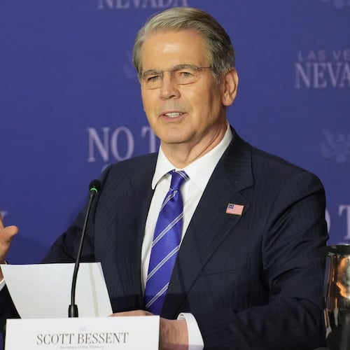 Treasury Secretary Scott Bessent speaks at a roundtable event with President Donald Trump about no tax on tips, Thursday, April 16, 2026, in Las Vegas. (AP Photo/Lucas Peltier)