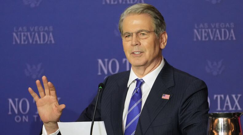 Treasury Secretary Scott Bessent speaks at a roundtable event with President Donald Trump about no tax on tips, Thursday, April 16, 2026, in Las Vegas. (AP Photo/Lucas Peltier)