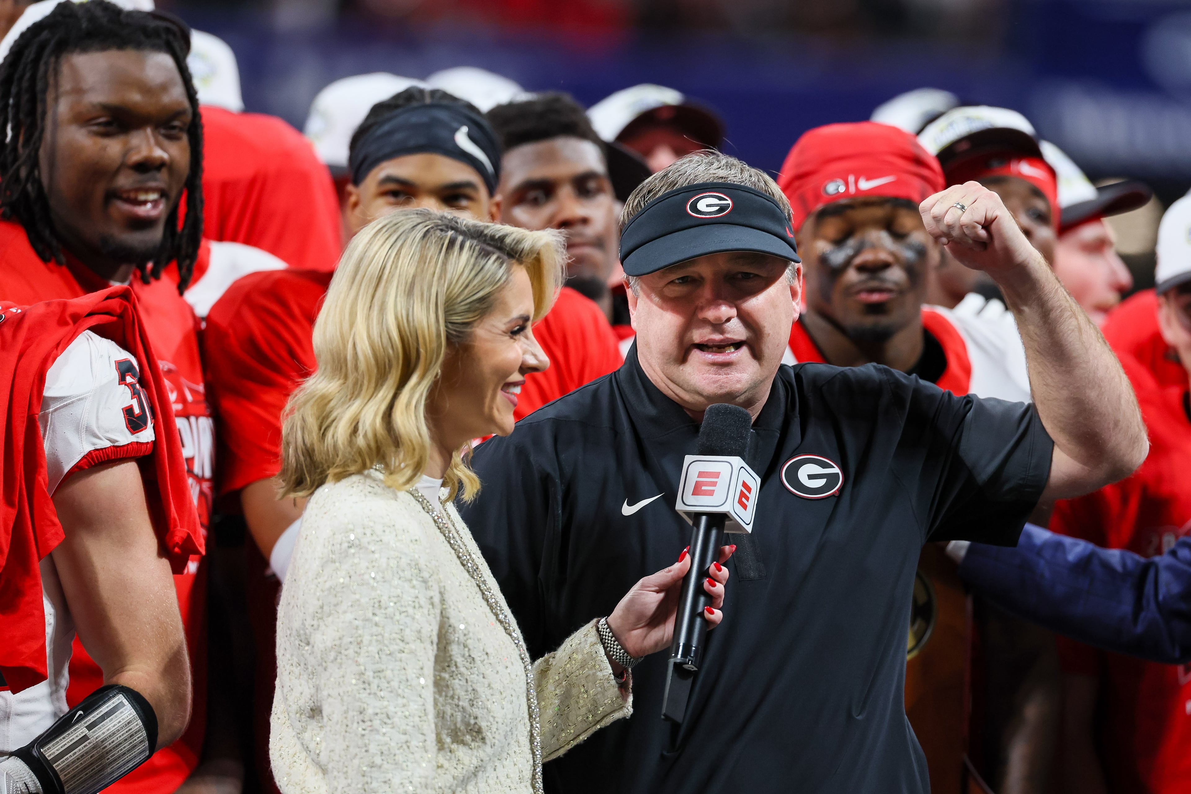 Georgia head coach Kirby Smart celebrates a 28-7 victory over Alabama in the SEC Championship game at Mercedes-Benz Stadium, Saturday, Dec. 6, 2025, in Atlanta. (Jason Getz / AJC)