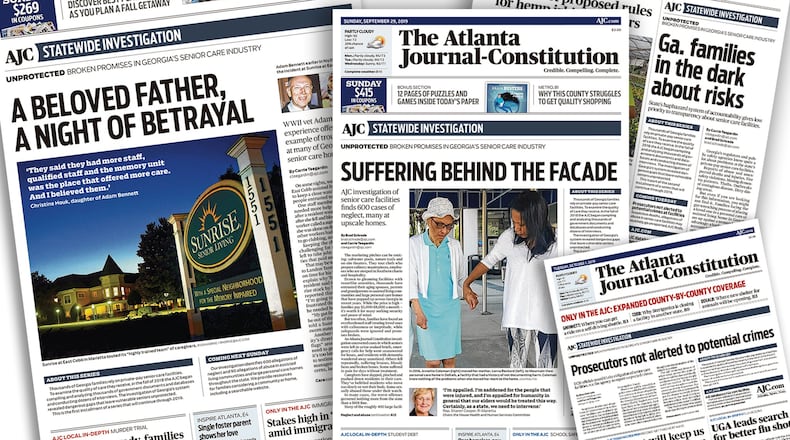Front page images of The Atlanta Journal-Constitution’s series, ‘Unprotected: broken promises in Georgia’s senior care industry.’