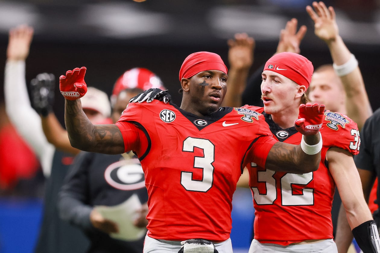 Georgia running back Nate Frazier (center) — pictured with Cash Jones during the Bulldogs' Sugar Bowl game Thursday, Jan. 1, 2026 — is considering entering the transfer portal ahead of Friday's deadline. (Jason Getz/AJC)