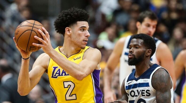 Los Angeles Lakers guard Lonzo Ball, left, poses against  Minnesota Timberwolves guard Aaron Brooks during the second half of an NBA preseason basketball game in Anaheim, Calif., Saturday, Sept. 30, 2017. The Timberwolves won 108-99.  (AP Photo/Ringo H.W. Chiu)